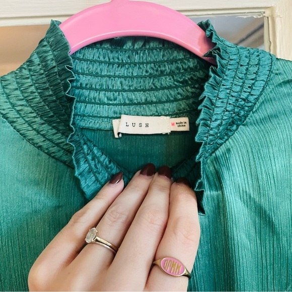 Lush Green Satin Long Sleeve Midi Dress - Picture 2 of 8